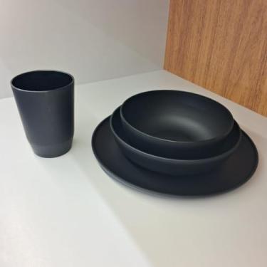 Imagem de Kit Peças para Refeições - Prato Raso, Fundo, Bowl e Copo | Conjunto em Plástico para Dia a Dia(PRETO)