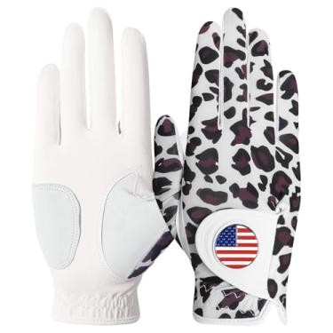 Imagem de Luva de golfe feminina com marcador de bola de chuva para mão esquerda e direita, pacote impresso de couro, luvas de golfe femininas para todos os climas, respirável, macio, tamanho pequeno, médio, grande GG (leopardo, médio desgastado na mão direita)