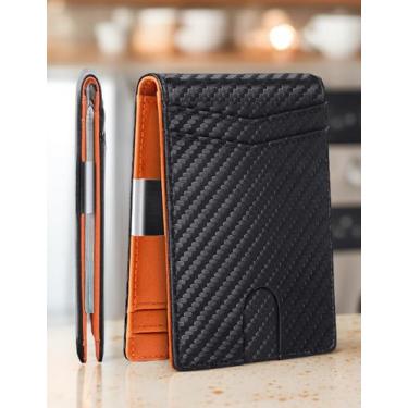 Imagem de Carteira masculina, bolso frontal de couro ultrafino com 12 compartimentos para cartão e bloqueio RFID., Laranja carbono, Simples