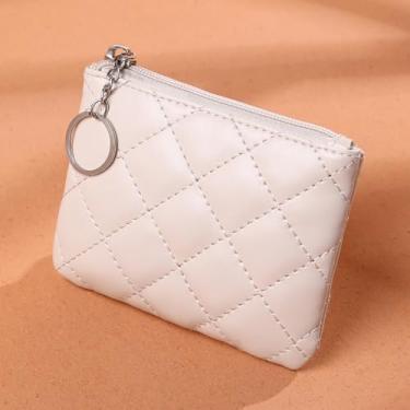 Imagem de Mini bolsa feminina de couro acolchoado com porta-cartões com zíper superior bolsa cosmética com chaveiro, Branco, Carteira pequena