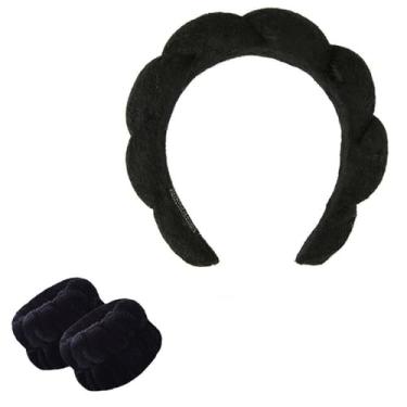 Imagem de Faixa de cabeça de spa para lavar o rosto, esponja, maquiagem, cuidados com a pele, faixa de cabelo felpuda macia para mulheres, meninas, acolchoada, antiderrapante, acessório de cabelo grosso (preto)