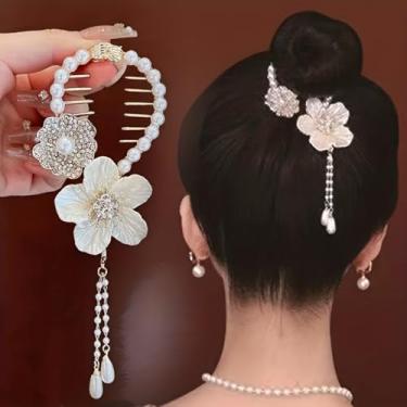 Imagem de Grampo de cabelo com borla de flor, pente de cabelo floral de pérolas falsas e strass sintético com borlas de contas, acessório de cabelo elegante para mulheres e meninas estilo updo