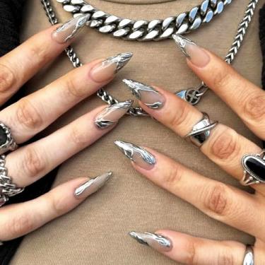 Imagem de Pregos postiços de amêndoa média francesa prata com design 3D cobertura completa cola em bastão falso artificial em unha acrílica para mulheres uso diário, 24 peças