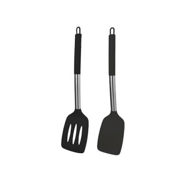 Imagem de Pacote com 2 espátulas sólidas de silicone, espátulas de cozinha antiaderentes, utensílios de cozinha resistentes ao calor e livres de BPA, utensílios de cozinha ideais para peixes, ovos, panquecas