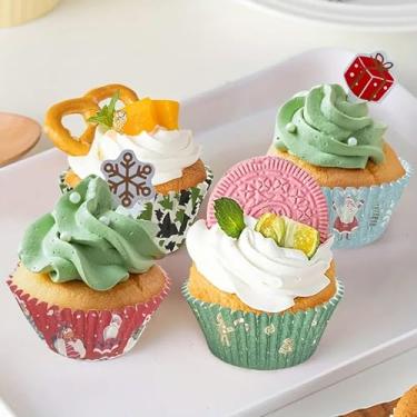 Imagem de 100 peças de forros de cupcake descartáveis de Natal, forros de muffin, copos de sobremesa de papel natalino, padrões variados para uso em festas e cozinha (multicoloridas)
