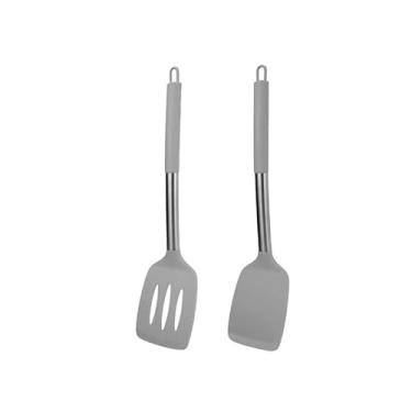 Imagem de Pacote com 2 espátulas sólidas de silicone, espátulas de cozinha antiaderentes, utensílios de cozinha resistentes ao calor e livres de BPA, utensílios de cozinha ideais para peixes, ovos, panquecas