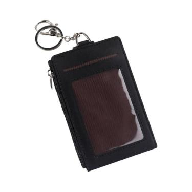 Imagem de Porta-crachá de cartão PU chaveiro carteira com zíper tipo bolsa dobrável para cartão (preto), Preto, Estilo mosquetão