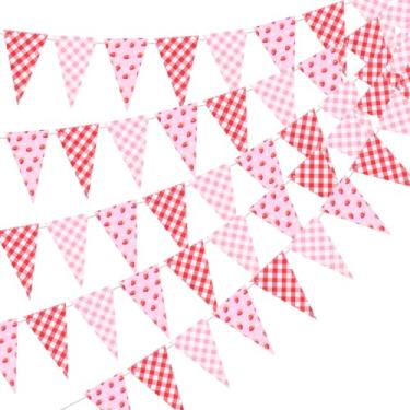 Imagem de 5 Peças Bandeira de Morango, Pré-Costurada Bandeira de Aniversário com Tema Frutas Vermelhas Decorações Tabuleiro Xadrez Triangulares para Chás Bebê Festas Verão e Decoração Casamentos