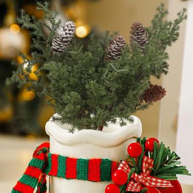 Imagem de Agulha de pinheiro artificial de Natal Waterweed Rattan ramo verde com pinhas, guirlanda de Natal, decoração de vitrine, presente DIY (tipo D, 32 * 25 cm)