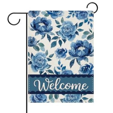 Imagem de Dyrenson Bandeira de jardim decorativa de boas-vindas floral azul, flores de peônia rosa aquarela decoração externa para casa, primavera verão serapilheira ao ar livre pequena decoração dupla face 12
