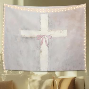 Imagem de STHTTSW Tapeçaria de arco de cruz rosa estética, tapeçarias cristãs, cobertor de parede, religioso da Bíblia, decoração de parede feminina para meninas, mulheres, casa, sala de estar, quarto, igreja