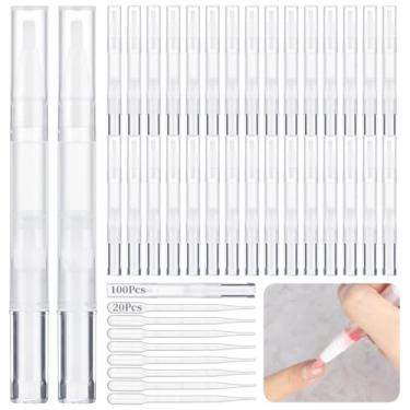 Imagem de 20 conta-gotas, 100 peças de canetas vazias de óleo de cutícula de 3 ml com pontas de pincel, canetas giratórias transparentes, recipientes cosméticos para brilho labial, canetas de óleo de unha