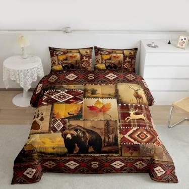 Imagem de Erosebridal Conjunto de cama de solteiro, vintage, rústico, casa de fazenda, urso, veado, cabana campestre para crianças, adolescentes, folha de ácer ocidental, retrô, pinheiros, 2 peças, decoração de