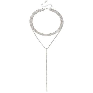 Imagem de Colar feminino de camada dupla com detalhes em strass, gargantilha elegante e conjunto de corrente em Y, correntes de metal com acabamento liso, ótimo presente para qualquer ocasião