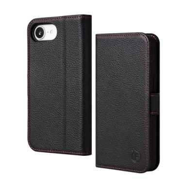 Imagem de FiitCASE Capa para iPhone 16e de 6,1 polegadas, capa magnética carteira de couro genuíno com bloqueio de RFID, compartimento para cartão, suporte de telefone TPU absorvente de choque, compatível com