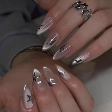 Imagem de Unhas postiças de olho de gato de amêndoa média longa com estrelas simples Desien cobertura completa cola acrílica falsa em unha para mulheres, 24 peças
