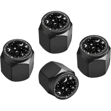 Imagem de 4 peças de tampas de haste de válvula de pneu Moon Star, tampa de válvula de ar preta de metal, tampas de haste de roda de carro de alumínio, capas de haste universais para carros, caminhões