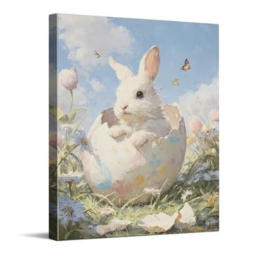 Imagem de CYFDYVT Adorável coelho impressionista chocando de ovo de Páscoa impressão de arte de parede com flores de primavera e borboletas para decoração de casa sazonal arte em tela 20 x 25 cm