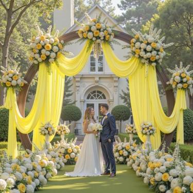 Imagem de Cortina de teto amarela clara de 6 m × 20 pés para festas de casamento, tecido drapeado de poliéster sem rugas, cortina amarela para festa, barraca, hotel, banquete, salão, decoração de teto, 4