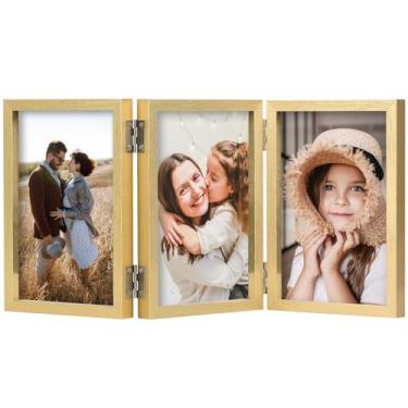 Imagem de ORIVAN Porta-retrato triplo 12 x 17 cm, articulado, 3 fotos, molduras dobráveis com suporte vertical de vidro, dourado