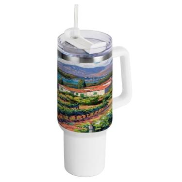 Imagem de Kigai Copo de pintura de 1,134 g de casas de fazenda rurais com tampa e palha, copo isolado de aço inoxidável durável à prova de vazamento com alça, garrafas de água à prova de derramamento para