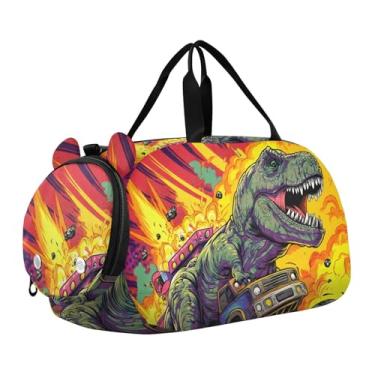 Imagem de CEBUGI Bolsa de viagem para meninas, meninos, dinossauros e caminhões, bolsa de ginástica, bolsa de viagem com compartimento para sapatos, bolsa de fim de semana