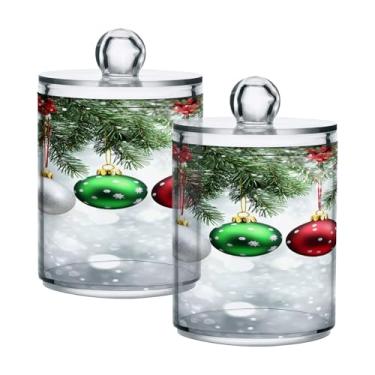 Imagem de CEBUGI Dispensador de suporte Qtip para cotonetes, bolas, almofadas de fio dental com fundo de Natal, frasco de boticário de plástico transparente com tampa, acessórios essenciais de banheiro