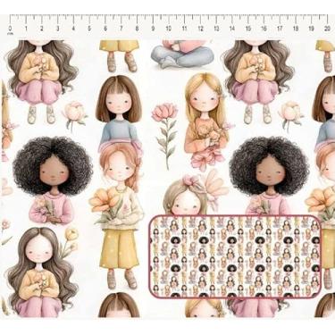 Imagem de Tecido Tricoline digital Coleção Floral Misses Meninas sentadas 50 x 150 cm