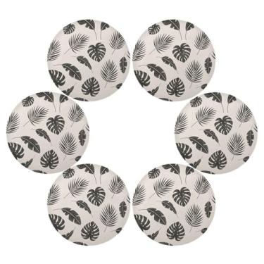 Imagem de Wassud Jogo americano conjunto de 6 tapetes redondos de folhas pretas tropicais para cozinha e jantar tapetes laváveis resistentes ao calor para decoração de mesa 39 cm