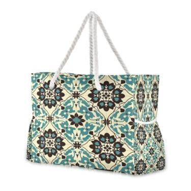 Imagem de Wassud Bolsa de praia com design abstrato de azulejos grandes bolsas de praia para mulheres, à prova d'água, à prova de areia, bolsa de viagem com zíper e bolso para piscina, academia, acampamento