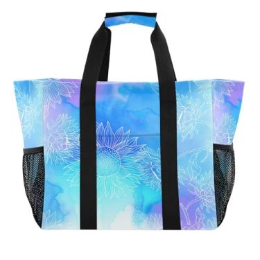 Imagem de Wassud White Line Art Flowers Sacolas de mercearia reutilizáveis grande bolsa organizadora de lona impermeável para praia, piquenique, lavanderia, viagem