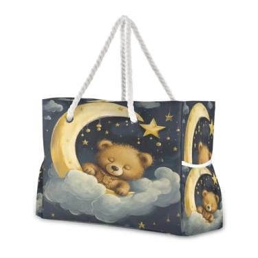 Imagem de Wassud Bolsa de praia com urso dormindo grande, bolsa de praia para mulheres, impermeável, à prova de areia, bolsa de viagem com zíper e bolso para piscina, academia, acampamento