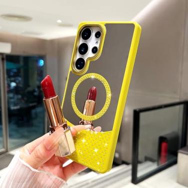 Imagem de HJZSZX Capa magnética com espelho de vaidade e glitter para Galaxy S24 Plus (para Galaxy S24 Plus/amarelo)