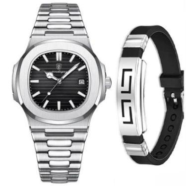 Imagem de Relógio Aço Metálico Masculino Poedagar + Pulseira Silicone-Masculino