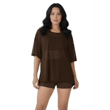 Imagem de Blusao Tule Feminina Manga Curta Fitness Academia Marrom Cor:MarromTam