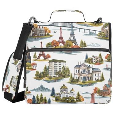 Imagem de xigua Fichário com zíper The World Landmarks com alça de ombro e alça para transporte fácil, fichário de 3 anéis de 3 cm para escola, painel de expansão e arquivo expansível