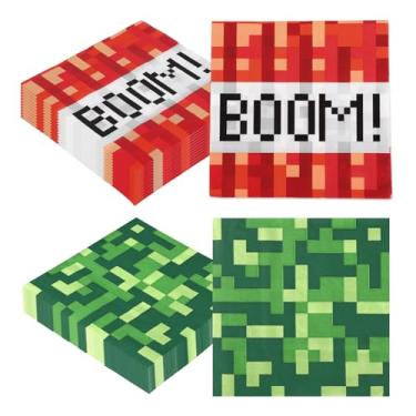 Imagem de Conjunto de 40 Guardanapos Pixelizados, 2 Estilos de Guardanapos Papel para Videojogos Decoração Mesa em Mosaico para Festa Aniversário com Tema Pixelizado (Verde e Vermelho)