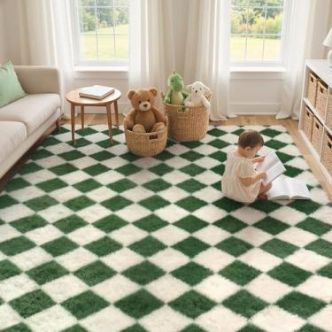 Imagem de GENIMO Tapete quadriculado, 20 x 25 cm, para quarto de crianças, macio, felpudo, tapete felpudo para sala de estar, berçário, sala de jogos, dormitório, decoração de casa moderna, estética, verde e
