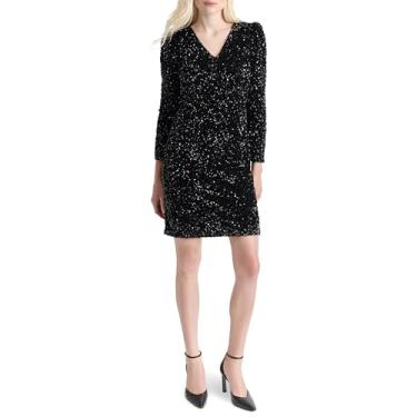 Imagem de DKNY Vestido feminino casual de manga curta com gola canoa, Preto, 38