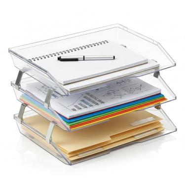 Imagem de Acrimet Organizador de arquivos de mesa de plástico com 3 níveis de carga lateral (cor cristal transparente)