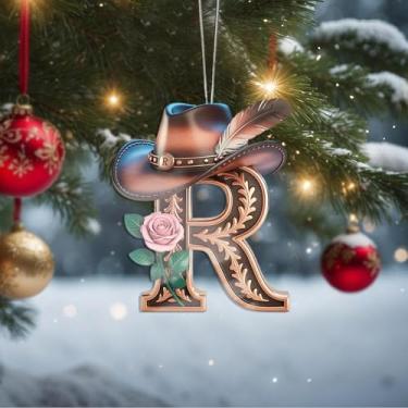 Imagem de Decorações de Dia dos Namorados para pendurar com cristal A-Z, chapéu de caubói LetterR, enfeites de Natal feitos à mão, decoração de carro e casa - decoração de acrílico escolar, troca de presentes
