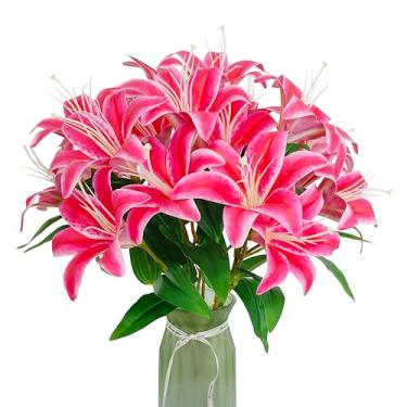 Imagem de Flores de lírios artificiais, 10 peças de flor de lírio sintética, 50 cm ramo de lírio de tigre com 2 flores completas, plantas falsas de lírios falsos para buquê de casamento, festa em casa, arranjos