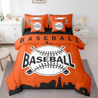 Imagem de Conjunto de edredom infantil de beisebol com lençol para cama de casal, cidade de beisebol, 7 peças, jogos de bola esportivos, silhueta de edifício da cidade, para meninos e adultos, vermelho, laranja
