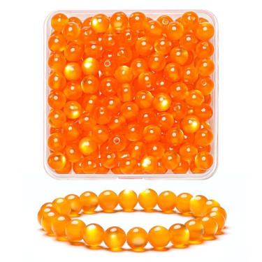Imagem de 100 peças de contas de olho de gato lisas naturais laranja de 8 mm, contas redondas soltas de pedra preciosa para fabricação de joias com cordão elástico de cristal (cor 9)