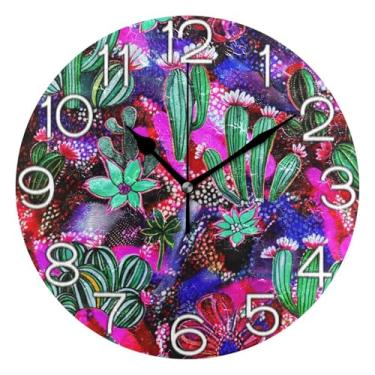Imagem de GAIGEO Relógio de parede analógico decorativo relógio de cozinha bonito redondo sem tique-taque silencioso, sala de estar decoração de parede moderna plantas cacto flores roxo, 25 cm, ponteiros pretos