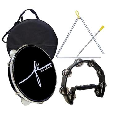 Imagem de Kit Pandeiro Fé Pele Preta + Capa + Triângulo + Meia Lua (Preto)
