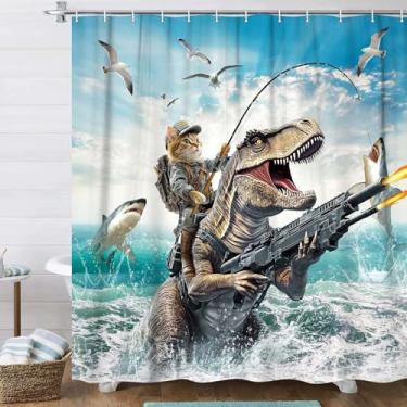 Imagem de Grtuspr Cortinas de chuveiro engraçadas de dinossauro, conjunto divertido de cortina de chuveiro com ganchos, tecido impermeável infantil masculino para decoração de banho, 182 × 182 cm