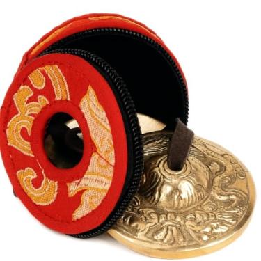 Imagem de Tingsha tibetano com sinos de prato de dragão com estojo | Feito à mão no Nepal sinos de meditação de cura sonora 6,5 cm para cura de som e atenção plena. Instrumento de cura sonora para ioga e