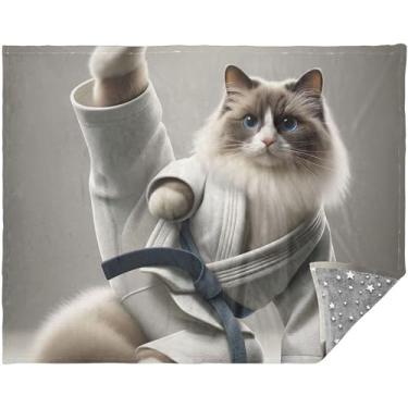 Imagem de TSENQUE Cobertores de pelúcia engraçados de karatê de gato personalizados presentes de viagem mulheres adultos 177,8 cm x 139,7 cm cobertor estético fofo