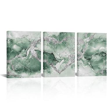 Imagem de HOMEOART Pintura de coração de prata, imagem de amor, decoração de banheiro, impressão moderna de mármore, decoração de escritório, emoldurada pronta para pendurar 30 x 40 cm x 3 peças (verde)